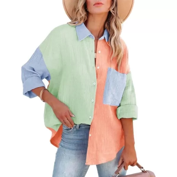 chouyatou Womens Color Block Long Sleeve Button Down Boyfriend Shirt BlousesGreen