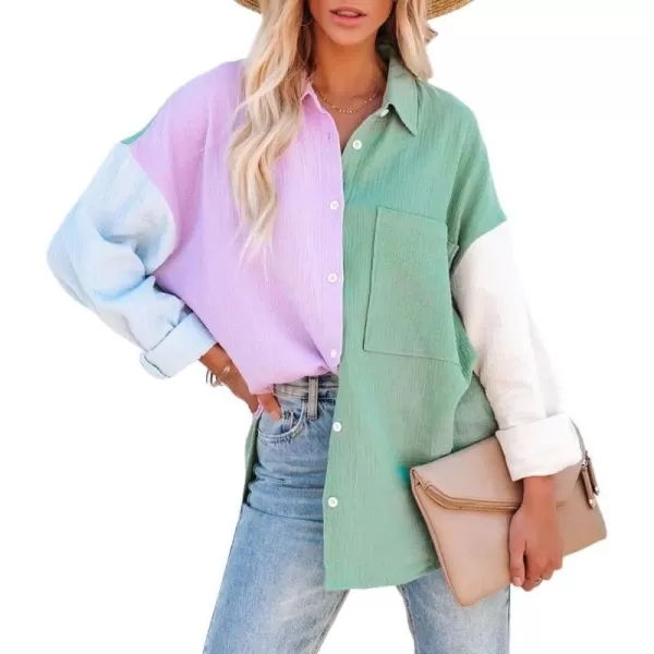 chouyatou Womens Color Block Long Sleeve Button Down Boyfriend Shirt BlousesGreenpink