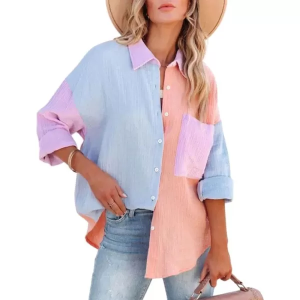 chouyatou Womens Color Block Long Sleeve Button Down Boyfriend Shirt BlousesOrange