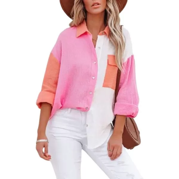 chouyatou Womens Color Block Long Sleeve Button Down Boyfriend Shirt BlousesRose Red