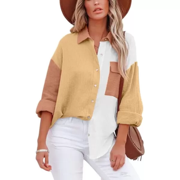 chouyatou Womens Color Block Long Sleeve Button Down Boyfriend Shirt BlousesYellow