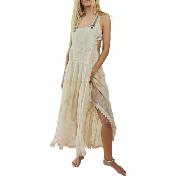 chouyatou Womens Lace Embroidered Tiered Maxi Dress Casual Suspender Strap Bib Overall Jumper DressApricot