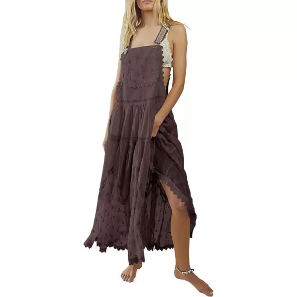 chouyatou Womens Lace Embroidered Tiered Maxi Dress Casual Suspender Strap Bib Overall Jumper DressCoffee