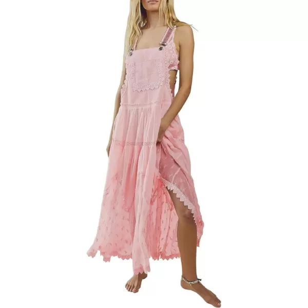chouyatou Womens Lace Embroidered Tiered Maxi Dress Casual Suspender Strap Bib Overall Jumper DressPink
