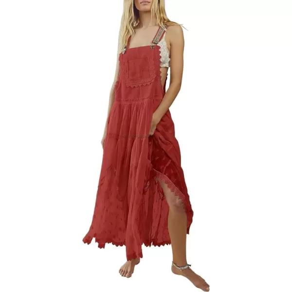 chouyatou Womens Lace Embroidered Tiered Maxi Dress Casual Suspender Strap Bib Overall Jumper DressRed