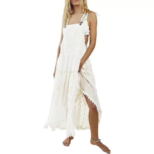 chouyatou Womens Lace Embroidered Tiered Maxi Dress Casual Suspender Strap Bib Overall Jumper DressWhite