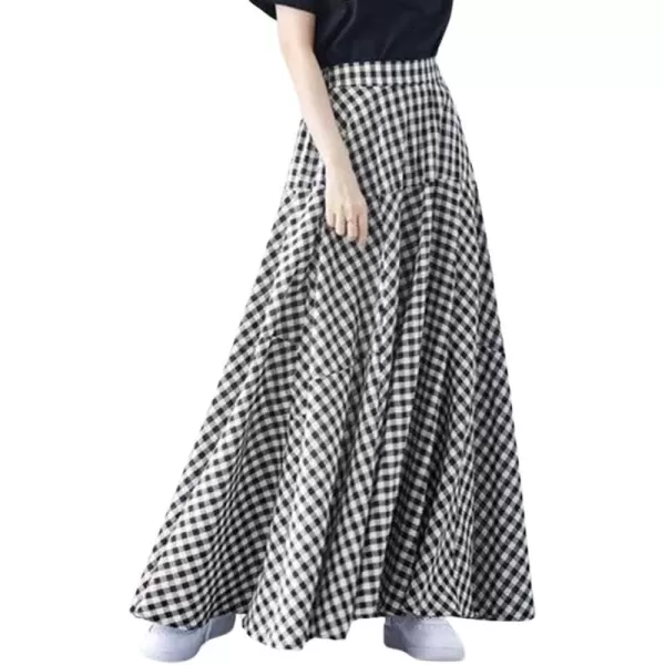 chouyatou Womens Retro Plaid A Line Midi Skirt Gingham High Elastic Waisted Pleated Swing Long SkirtBlack