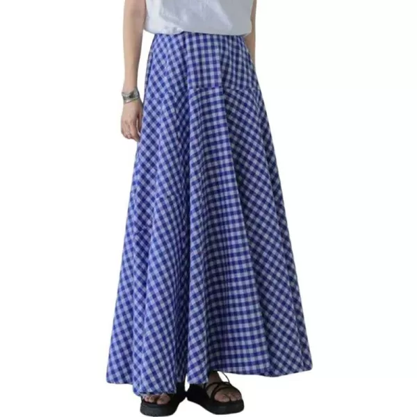 chouyatou Womens Retro Plaid A Line Midi Skirt Gingham High Elastic Waisted Pleated Swing Long SkirtBlue