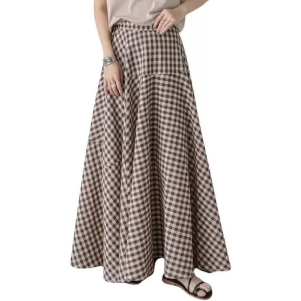 chouyatou Womens Retro Plaid A Line Midi Skirt Gingham High Elastic Waisted Pleated Swing Long SkirtCoffee