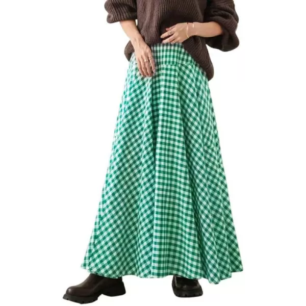 chouyatou Womens Retro Plaid A Line Midi Skirt Gingham High Elastic Waisted Pleated Swing Long SkirtGreen
