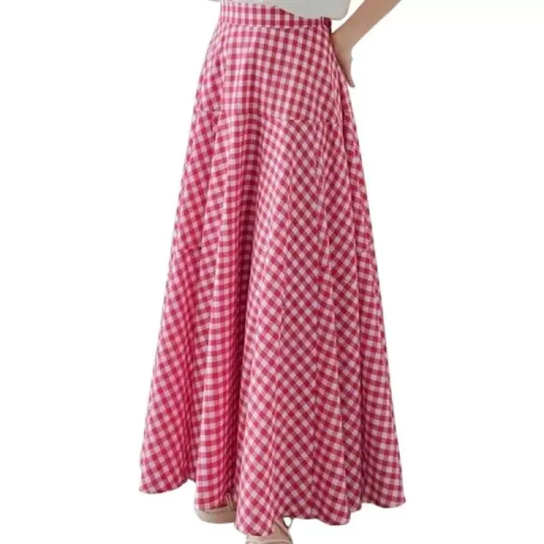 chouyatou Womens Retro Plaid A Line Midi Skirt Gingham High Elastic Waisted Pleated Swing Long SkirtRed
