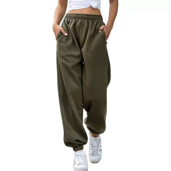 chouyatou Womens Sports High Waisted Loose Baggy Fleece Gym Jogger Sweatpants with PocketArmy Green