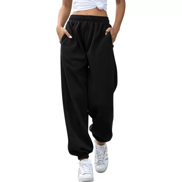 chouyatou Womens Sports High Waisted Loose Baggy Fleece Gym Jogger Sweatpants with PocketBlack