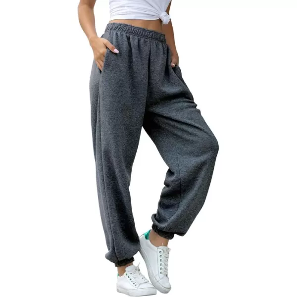chouyatou Womens Sports High Waisted Loose Baggy Fleece Gym Jogger Sweatpants with PocketDark Grey