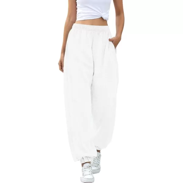 chouyatou Womens Sports High Waisted Loose Baggy Fleece Gym Jogger Sweatpants with PocketWhite