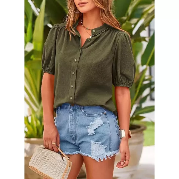 chouyatou Womens Summer Band Collar Linen Shirt Loose Casual Short Lantern Sleeve Tunic Tops BlousesArmy Green