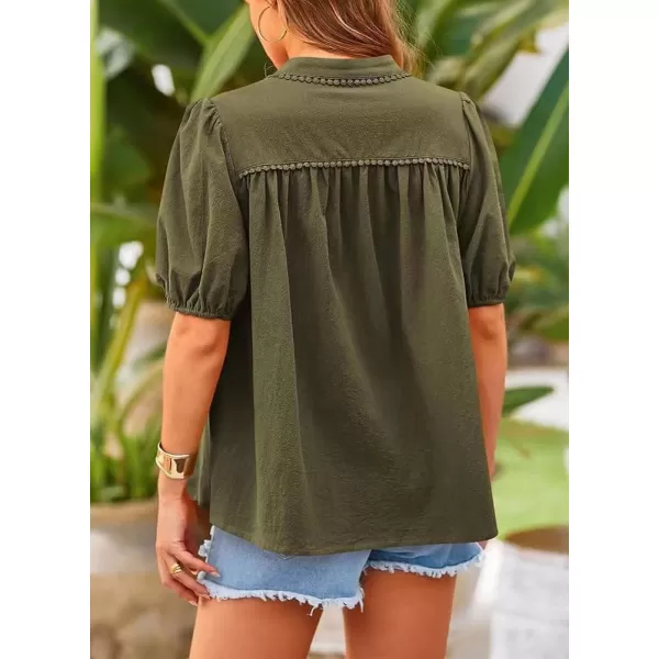 chouyatou Womens Summer Band Collar Linen Shirt Loose Casual Short Lantern Sleeve Tunic Tops BlousesArmy Green