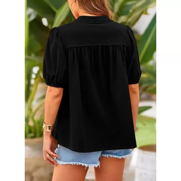 chouyatou Womens Summer Band Collar Linen Shirt Loose Casual Short Lantern Sleeve Tunic Tops BlousesBlack
