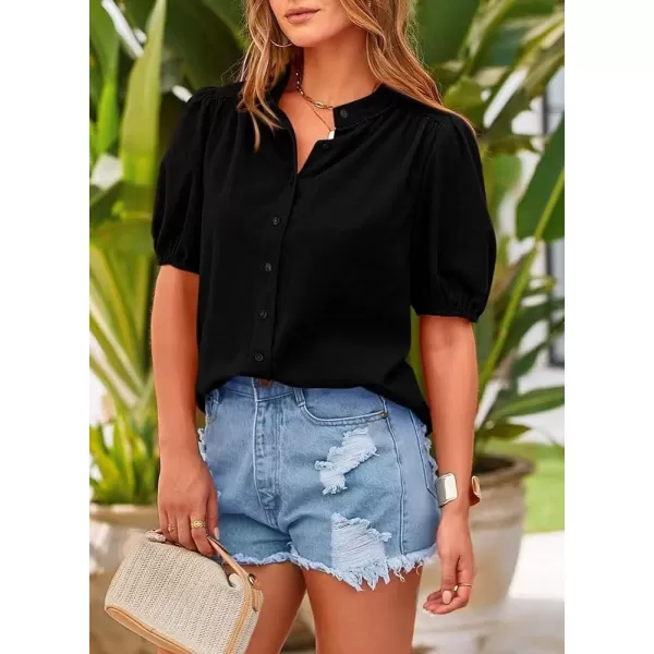 chouyatou Womens Summer Band Collar Linen Shirt Loose Casual Short Lantern Sleeve Tunic Tops BlousesBlack