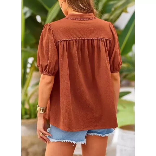 chouyatou Womens Summer Band Collar Linen Shirt Loose Casual Short Lantern Sleeve Tunic Tops BlousesBrick Red