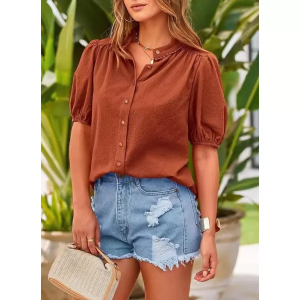 chouyatou Womens Summer Band Collar Linen Shirt Loose Casual Short Lantern Sleeve Tunic Tops BlousesBrick Red