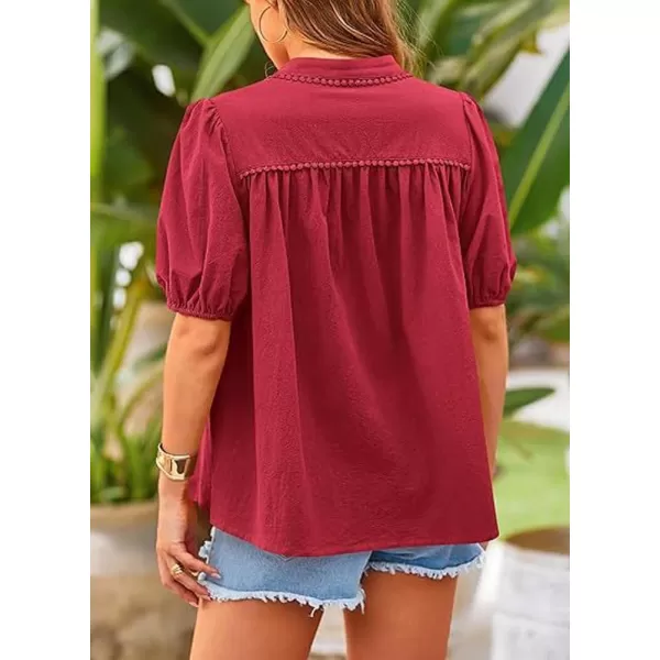 chouyatou Womens Summer Band Collar Linen Shirt Loose Casual Short Lantern Sleeve Tunic Tops BlousesDark Red