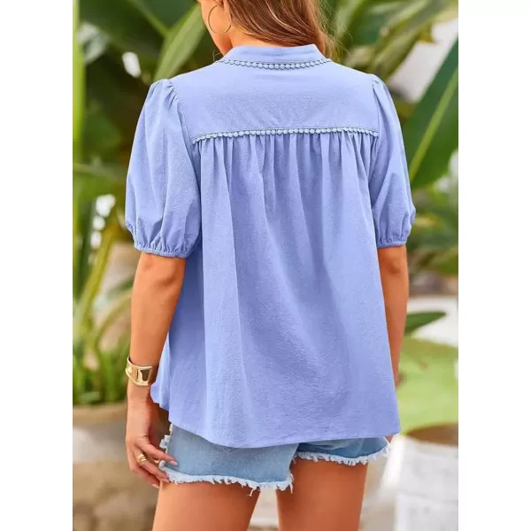 chouyatou Womens Summer Band Collar Linen Shirt Loose Casual Short Lantern Sleeve Tunic Tops BlousesLight Purple