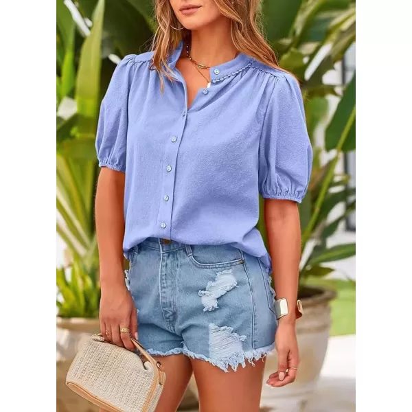 chouyatou Womens Summer Band Collar Linen Shirt Loose Casual Short Lantern Sleeve Tunic Tops BlousesLight Purple