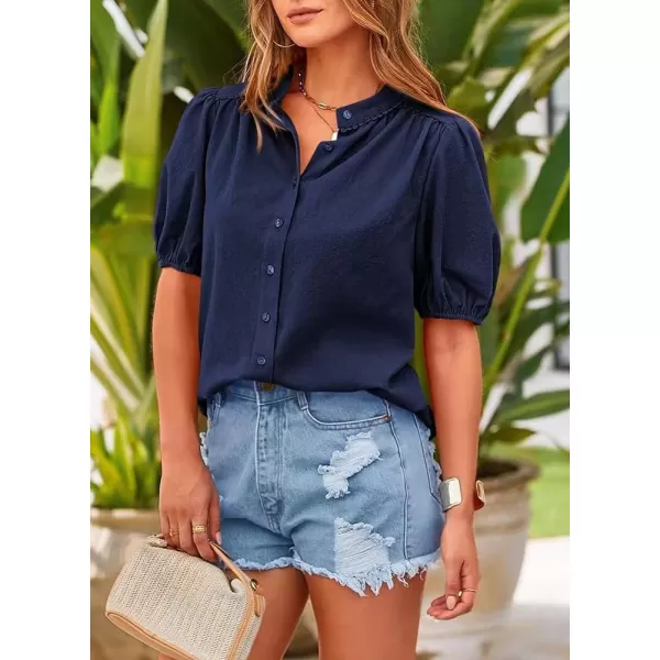 chouyatou Womens Summer Band Collar Linen Shirt Loose Casual Short Lantern Sleeve Tunic Tops BlousesNavy Blue