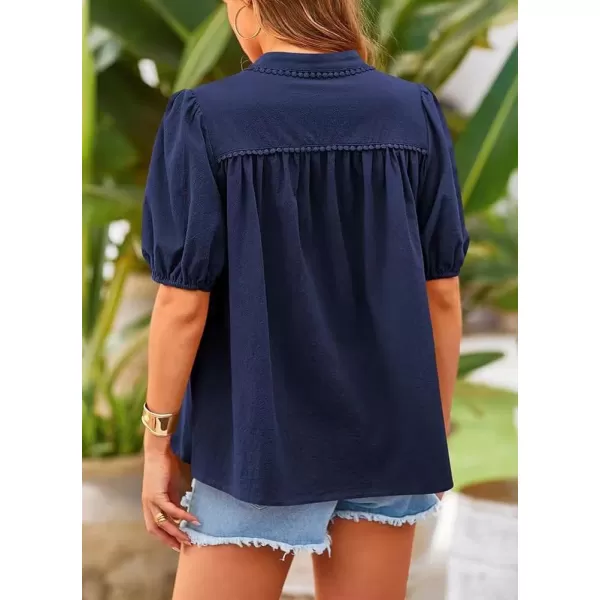chouyatou Womens Summer Band Collar Linen Shirt Loose Casual Short Lantern Sleeve Tunic Tops BlousesNavy Blue