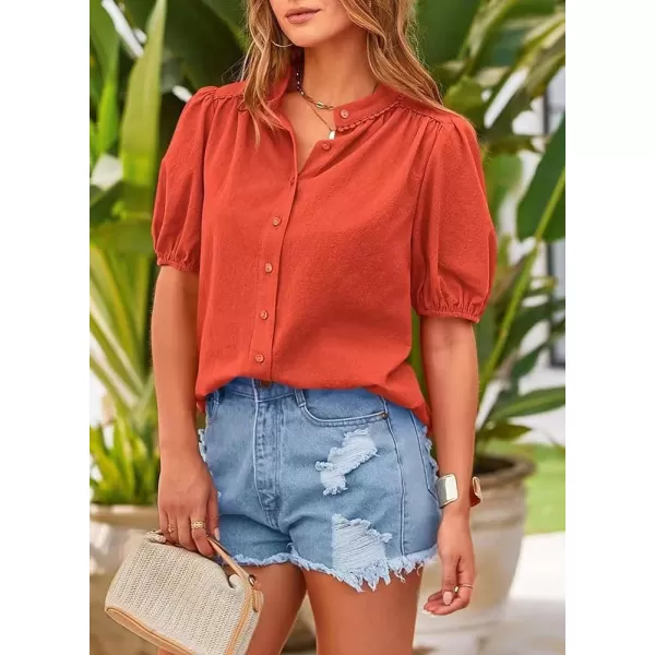 chouyatou Womens Summer Band Collar Linen Shirt Loose Casual Short Lantern Sleeve Tunic Tops BlousesOrangish Red