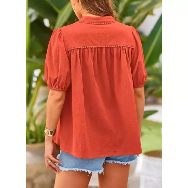 chouyatou Womens Summer Band Collar Linen Shirt Loose Casual Short Lantern Sleeve Tunic Tops BlousesOrangish Red