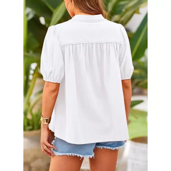 chouyatou Womens Summer Band Collar Linen Shirt Loose Casual Short Lantern Sleeve Tunic Tops BlousesWhite