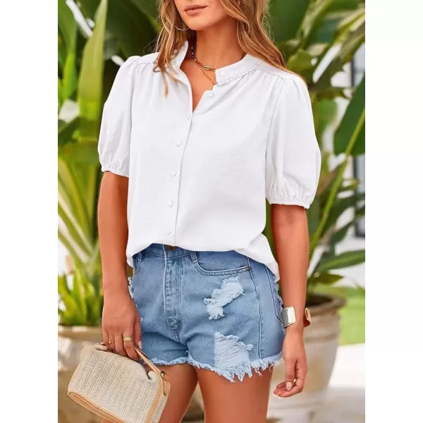 chouyatou Womens Summer Band Collar Linen Shirt Loose Casual Short Lantern Sleeve Tunic Tops BlousesWhite