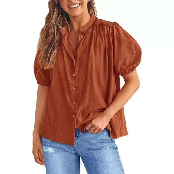 chouyatou Womens Summer Band Collar Linen Shirt Loose Casual Short Lantern Sleeve Tunic Tops BlousesBrick Red