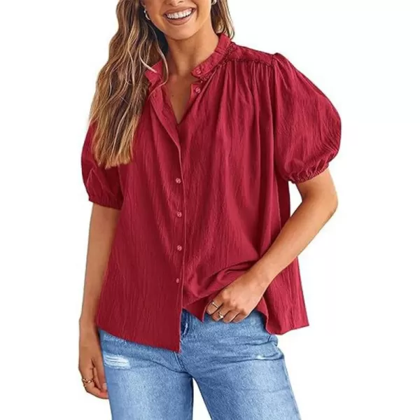 chouyatou Womens Summer Band Collar Linen Shirt Loose Casual Short Lantern Sleeve Tunic Tops BlousesDark Red