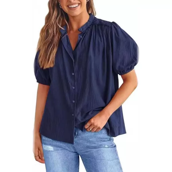 chouyatou Womens Summer Band Collar Linen Shirt Loose Casual Short Lantern Sleeve Tunic Tops BlousesNavy Blue