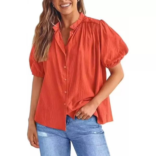 chouyatou Womens Summer Band Collar Linen Shirt Loose Casual Short Lantern Sleeve Tunic Tops BlousesOrangish Red