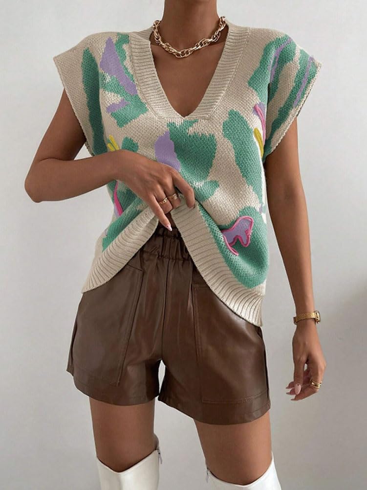 chouyatou Womens Color Block Floral Print Sleeveless Sweater Vest Vintage Contrast Trim Vest Tank TopsGreen