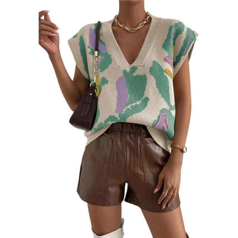 chouyatou Womens Color Block Floral Print Sleeveless Sweater Vest Vintage Contrast Trim Vest Tank TopsGreen