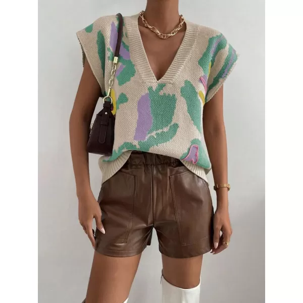 chouyatou Womens Color Block Floral Print Sleeveless Sweater Vest Vintage Contrast Trim Vest Tank TopsGreen