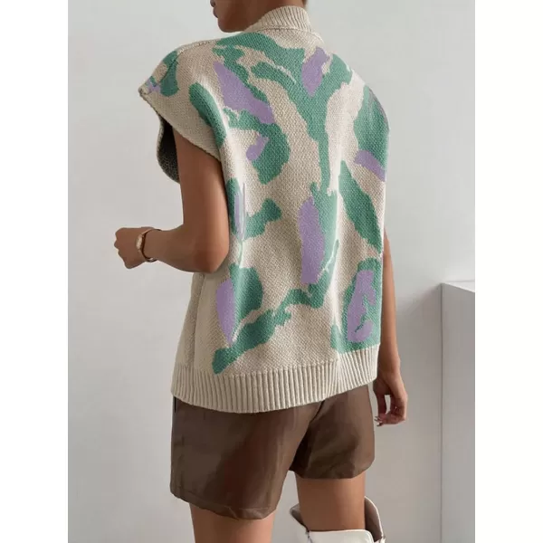 chouyatou Womens Color Block Floral Print Sleeveless Sweater Vest Vintage Contrast Trim Vest Tank TopsGreen