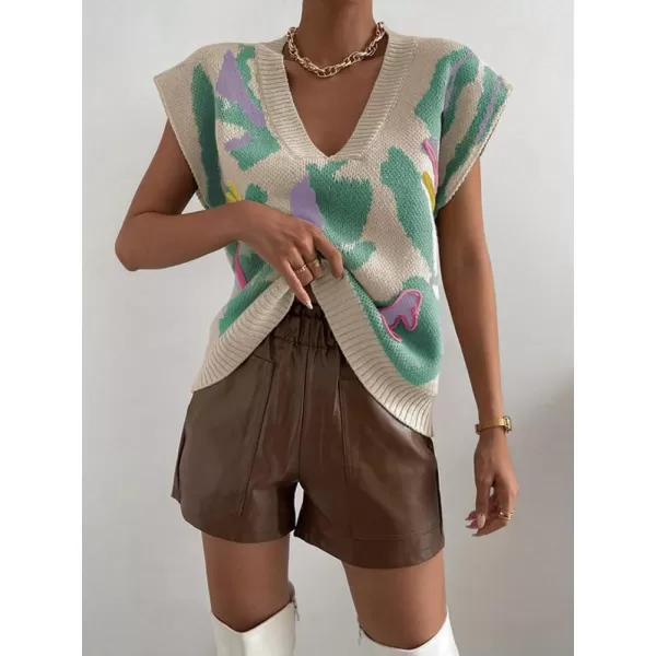 chouyatou Womens Color Block Floral Print Sleeveless Sweater Vest Vintage Contrast Trim Vest Tank TopsGreen