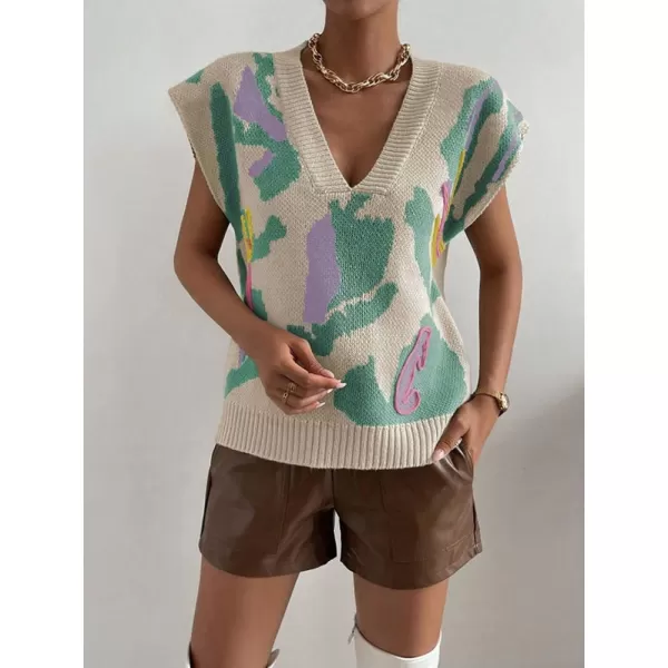 chouyatou Womens Color Block Floral Print Sleeveless Sweater Vest Vintage Contrast Trim Vest Tank TopsGreen