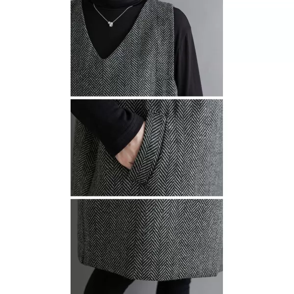 chouyatou Womens Herringbone Long Wool Vest Jacket Sleeveless V Neck Wool Blend Midi Vest Dress with PocketsBlack