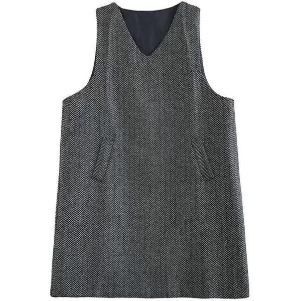 chouyatou Womens Herringbone Long Wool Vest Jacket Sleeveless V Neck Wool Blend Midi Vest Dress with PocketsBlack