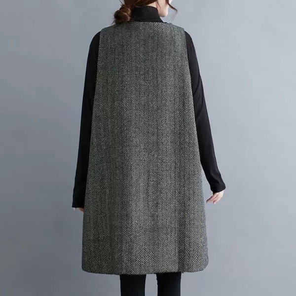 chouyatou Womens Herringbone Long Wool Vest Jacket Sleeveless V Neck Wool Blend Midi Vest Dress with PocketsBlack