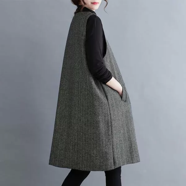 chouyatou Womens Herringbone Long Wool Vest Jacket Sleeveless V Neck Wool Blend Midi Vest Dress with PocketsBlack