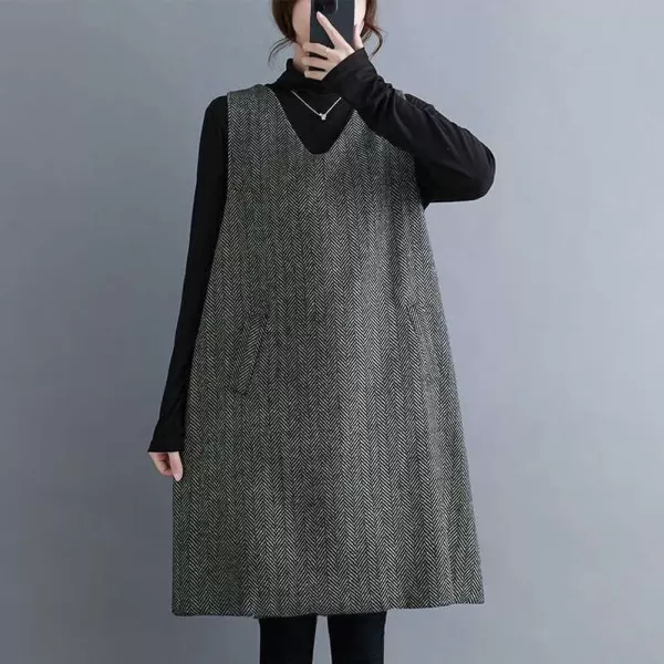 chouyatou Womens Herringbone Long Wool Vest Jacket Sleeveless V Neck Wool Blend Midi Vest Dress with PocketsBlack