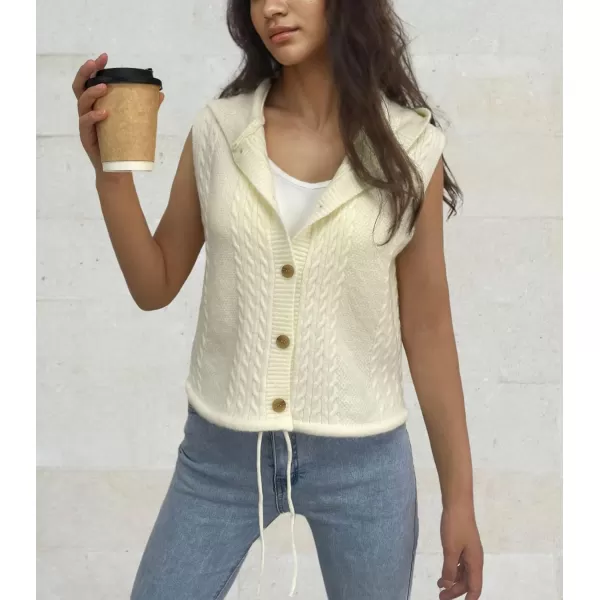 chouyatou Womens Hooded Cable Knit Sweater Vest Button Up Sleeveless Crop Vest Tank TopBeige
